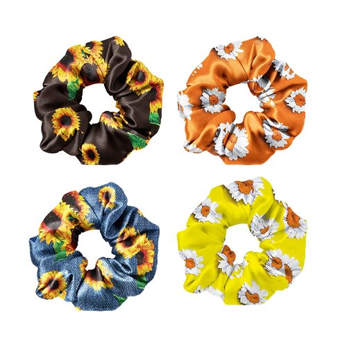 WIRESTER 4 Pcs Satin Hair Scrunchies, Silk Hair Ties, Soft Elastic Hair Bands Ponytail Holder, Silky Curly Hair Accessories for Women Girls - Sunflowers Daises Pattern