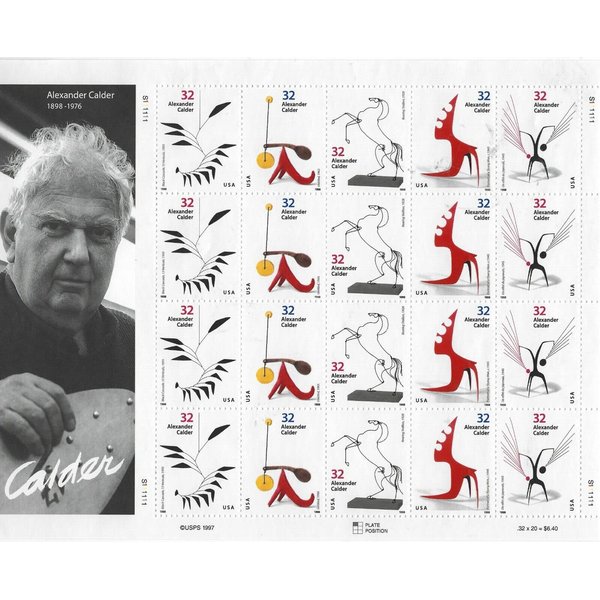 USPS Alexander Calder Full Sheet, Cent Postage Stamps, USA 1997, Scott 3198-3202