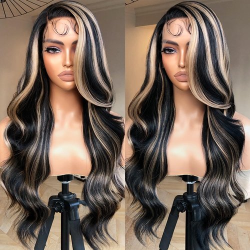 BrownBomb Body Wave Lace Front Wig, Synthetic Lace Front Wig Pre Plucked Glueless Wigs 13X5X1 HD Lace Front Wigs for Women Side Part Wig (24inch, Black Blonde Highlight)