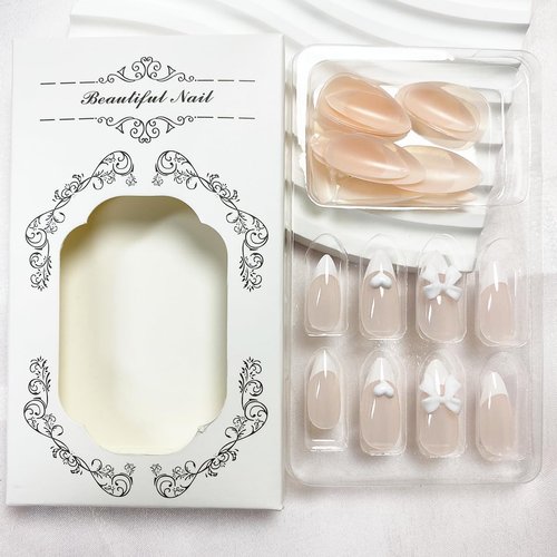 French Tip Press on Nails Medium Almond Fake Nails White False Nails with Design Cute Charms Bow Heart Stick on Nails Full Cover Glossy Acrylic Glue on Nails Artificial Nails for Women Manicure 24Pcs
