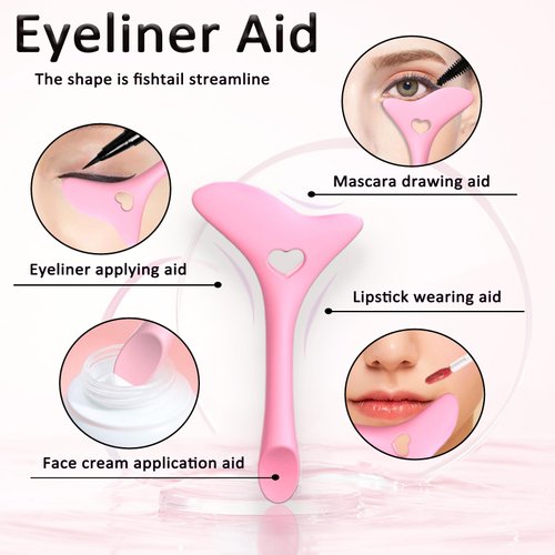 3Pcs Eyeliner Stencil Reusable Silicone Eyeliner & Scythe Eyeliner Brush Auxiliary Mascara Shield Multipurpose Eye Makeup Tool Eyeshadow Applicator for Winged Eyeliner, Eyelashes, Lip Liner (Pink)