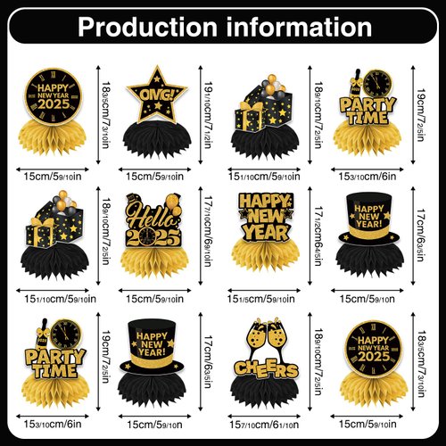 New Years Eve Party Supplies 2025, 12 Pcs Happy New Year Decorations 2025 Honeycomb Centerpieces, New Years Table Decorations 3d Double Side Table Centerpieces, New Years Eve Decorations for Table