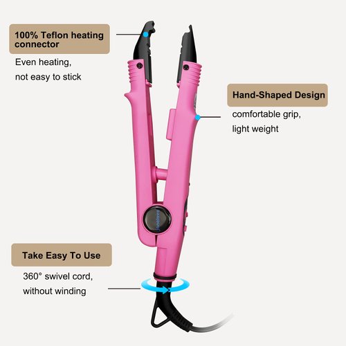 janelove Hair Extensions Iron, Fusion Keratin Hair Extensions, Heat Connector Wand, U Tip Hair Extensions Tools with 2 Bags Keratin Glue Granule Beads, 210°F-390°F Temperature Adjust, US Plug (Pink)