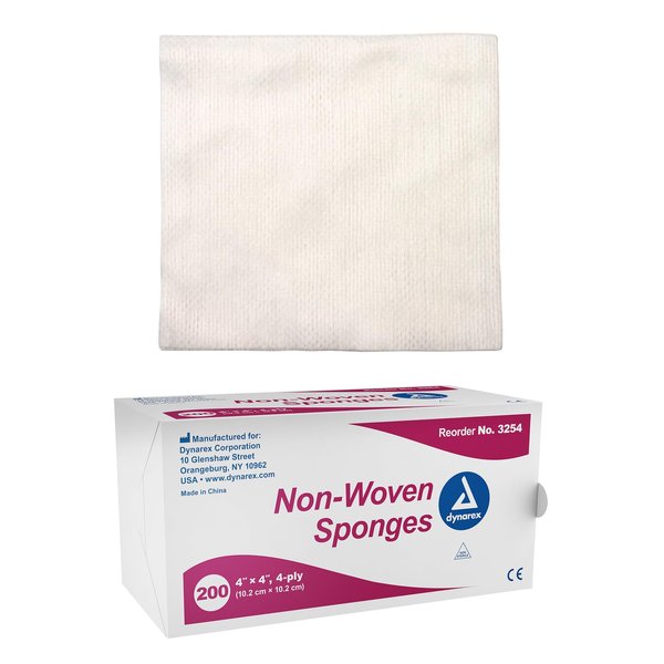 Dynarex Non-Woven Sponges, Non-Sterile, Gauze Sponges, for Cleansing, Prepping and Dressing, Highly-Absorbent and with Less Linting, 4"x 4", 4 Ply, 1 Box of 200 Non-Woven Sponges