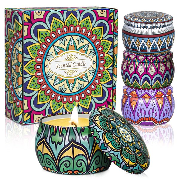Candlesee Scented Candles Gifts Set for Women: 4-Pack Aroma Candles 100% Natural Soy Gardenia, Vanilla, Lavender, Freesia Scents, 4.4 oz, for Travel, Stress Relief, Yoga, Home, Birthday, Mother's Day