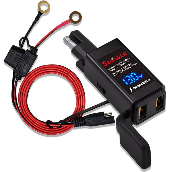 Suuwer, Quick Charge 3.0 Motorcycle USB Charger 6.8A, Quick Disconnect SAE to Dual USB Adapter Motorcycle Phone Charger, with LED Voltmeter & ON/Off Switch