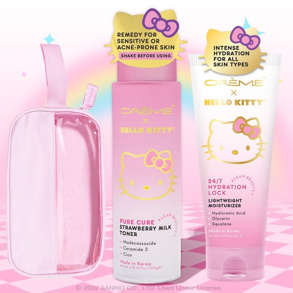 Glam Lux Beauty Korean Skincare Bundle Hello Kitty by Sanrio Pure Cure Strawberry Milk Toner Ceramides, Hydration Lock Lightweight Moisturizer Hyaluronic Acid, Squalene, & Glycerin Remedy for Acne