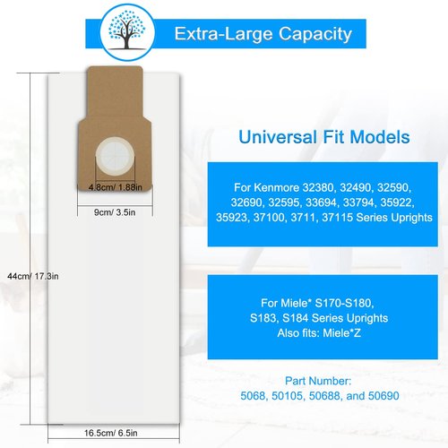 Type U/L/O Vacuum Bags for Kenmore 5068, 50688, 50690, 50105 Upright Vacuum, Style U, L, O Paper Bags for Miele Type Z, S170-S180, S183, S184, for Panasonic Type U-2, 8 Pack, with 1 Foam Filter