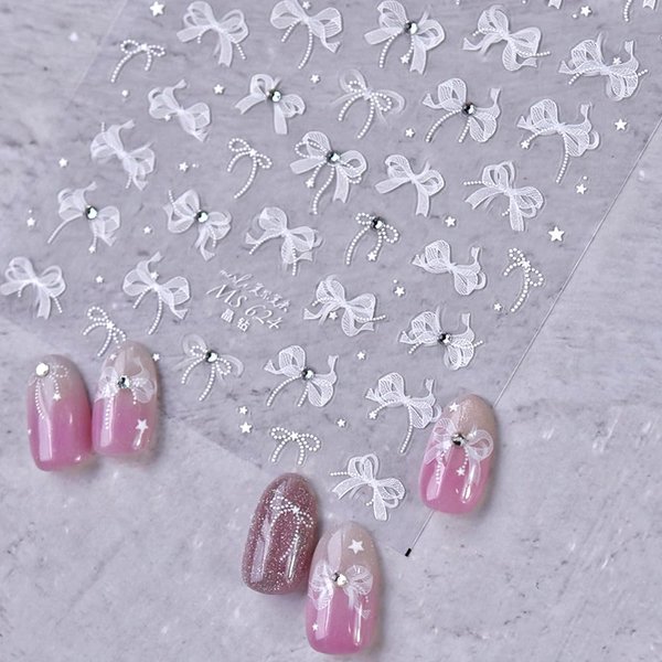 White Lace Bow Nail Stickers for Nail Art Supplies Cute Nail Bows Ribbon Rhinestones Nail Decor Nail Art Stickers Crystal Diamond Bowknot Ribbons Nail Design Stickers Nail Decals Nail Accessories
