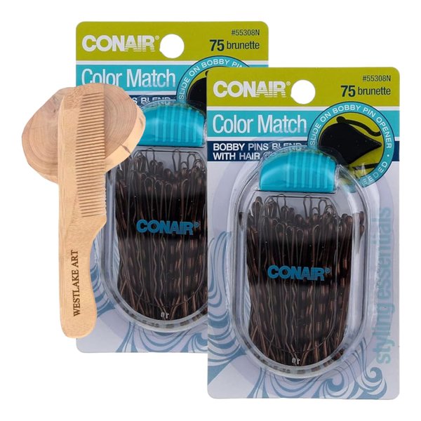 Color Match Bobby Pins, Brown, Grip For Hairstyles, Bundle With Wooden Comb, Brown Bobby Pins Versatile & Hair Accessories, Ample Supply Pack [2-Pack]