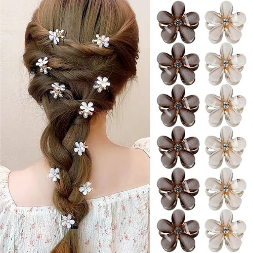 12 Pcs Mini Flower Hair Clips for Girls Mini Flower Claw Clips for Women Glitter Clips Rhinestone Hair Clips Metal Clamps Flower Hair Accessories for Girls Kids teens (White&Black)