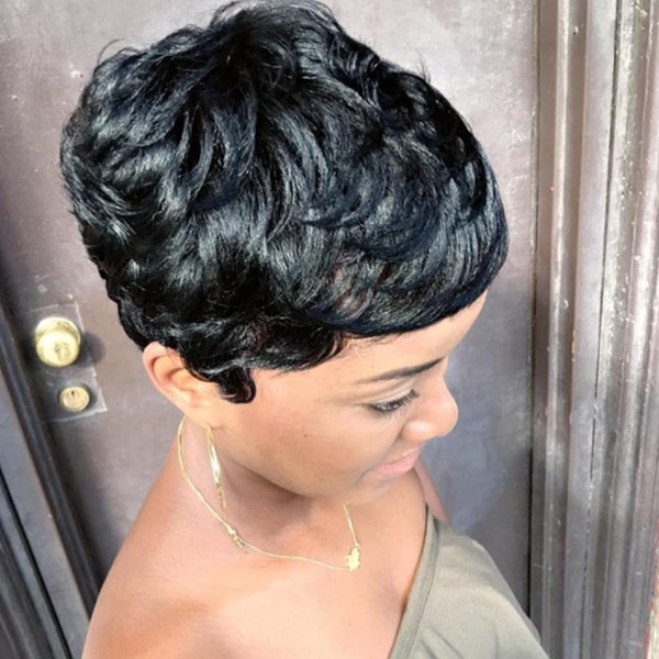 BingSing Human Hair Short Wigs for Black Women Natural Black Pixie Cut Wig Short Human Hair Wigs for Black Women Curly Layered Wavy Pixie Wig Short Black Pixie Cut Wig for Women (BLACK)