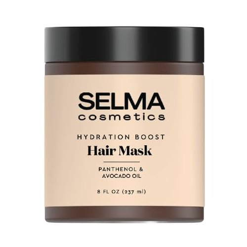 Selma Cosmetics Hydration Boost Hair Mask that deeply conditions, fights frizz, and detangles hair. For all hair types. Safe for color treated hair, White