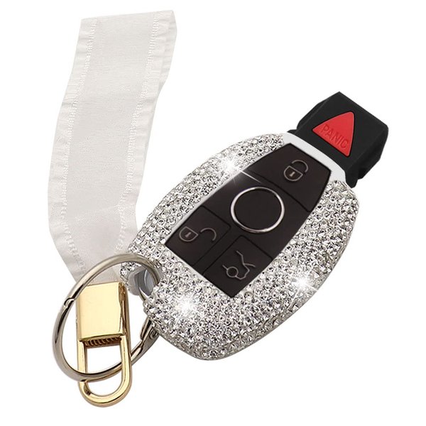 Ornater Key Fob Cover Compatible with Mercedes Benz C E S M CLS CLK GLK GLC G Class Bling Crystal Rhinestone Diamond Key Shell Case (Silver), 5.5 x 4.5 x 2 cm