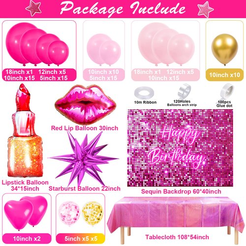 Winrayk Hot Pink Birthday Party Decorations for Girls Women Pink Balloon Garland Arch Kit with Sequin Backdrop Tablecloth Lipstick Lip Heart Starburst Foil Balloons Princess Birthday Party Decorations