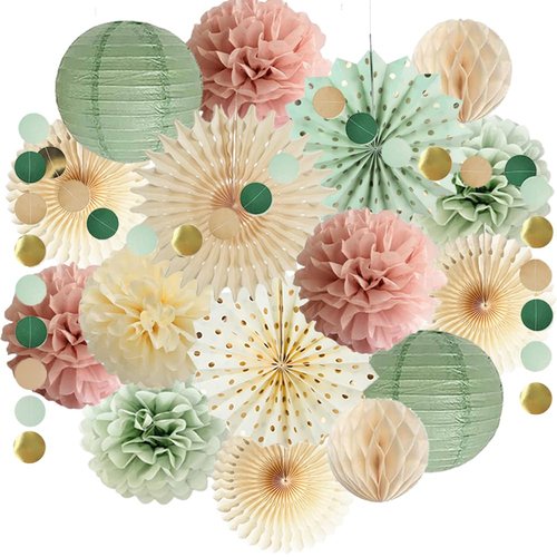 Sage Green and Pink Party Decorations Sage Green Party Decor Sage Pink Cream Paper Pom Poms Paper Fans Cicle Dots Garland for Women Girls Birthday Baby Shower Bridal Shower Wedding Party Decor