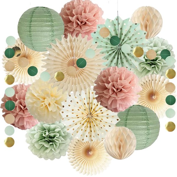 Sage Green and Pink Party Decorations Sage Green Party Decor Sage Pink Cream Paper Pom Poms Paper Fans Cicle Dots Garland for Women Girls Birthday Baby Shower Bridal Shower Wedding Party Decor