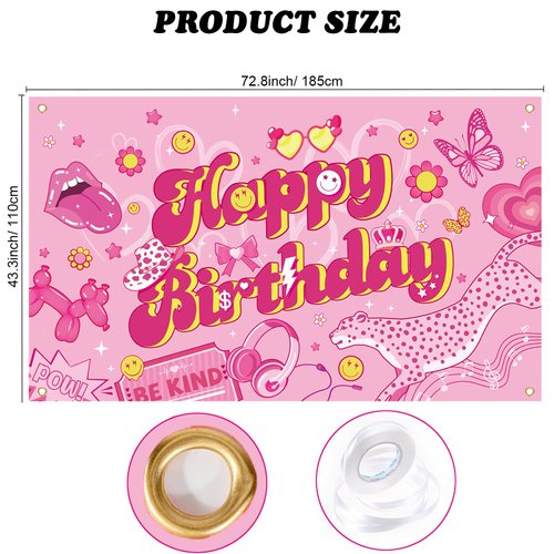 Qpout Preppy Happy Birthday Backdrop Pink Preppy Birthday Banner Hot Pink Birthday Photography Background for Girls Women Preppy Party Decorations Hot Pink Birthday Decorations