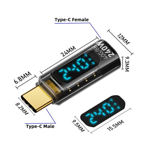 xiwai 240W Type-C Display Smart LED USB4 Male to Female Extension Adapter USB4.0 40Gbps Current Voltage Monitoring Tester Detector