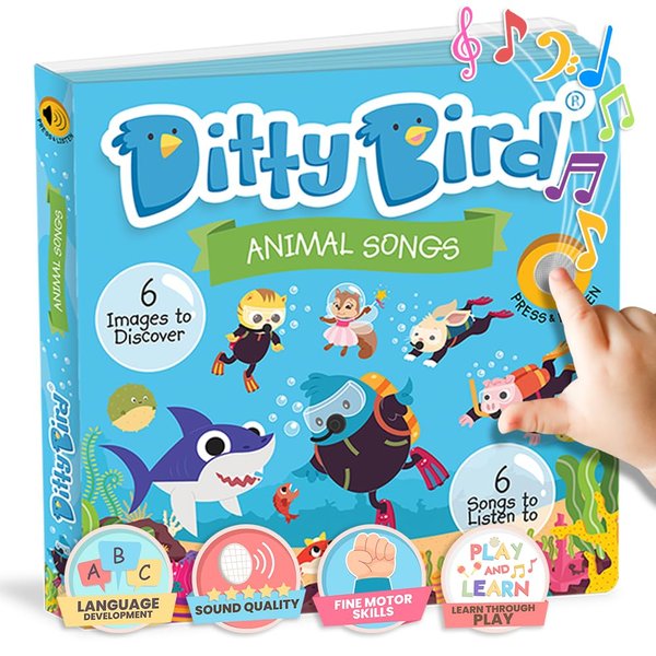 Ditty Bird Animal Songs Book for Toddlers – Interactive Sound Book with Baby Shark & More | Musical Board Book for 1-3 Year Olds | Fun, Realistic Animal Sounds | Sturdy Sensory Book for Baby
