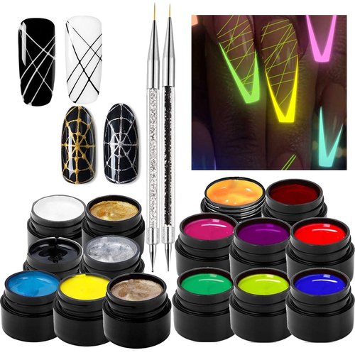 KWOLYKIM 15 Colors Luminous Spider Gel, UV Gel Nail Polish with 2 Nail Art Line Pen DIY Nail Art Drawing Gel for Line Neon Fluorescent Effect Manicure for Halloween Party