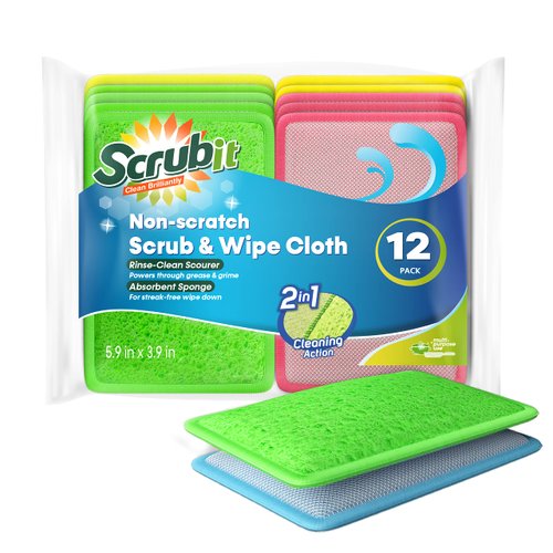 SCRUBIT - [12 Pack] Scrub and Wipe Cleaning Pads – Dual Sided Scouring Pad and Dish Sponge -Reusable Kitchen Sponge for Pots, Pans Utensils & Non-Stick Cookware - Assorted Color Dishwashing sponges