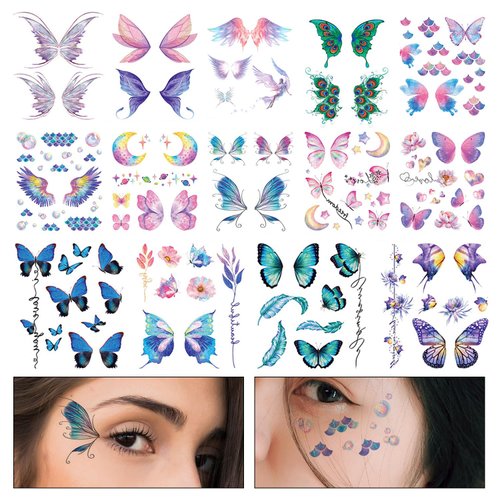 14 Sheets Glitter Butterfly Temporary Tattoos, Waterproof Fairy Wings Temporary Tattoo Body Art Fake Tattoos for Women Girls Festival Music Party Favors Cosplay Eye Face Makeup