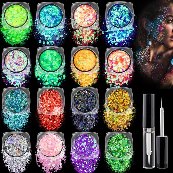 Chunky Glitter and Glow in The Dark Glitter 16 Colors with Glue Set 1, Holographic Body Glitter + Glow Glitter for Women Face Body Nail Hair Sparkle Makeup at The Concert/Festival/Rave Party