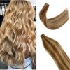 Tape in Golden Brown Hair with Blonde Mixed Real Hair Highlights Human Remy Hair Extensions Silky Straight Seamless Skin Weft 18" 20Pcs/40Grams Invisble Tape on Glue in Extensions