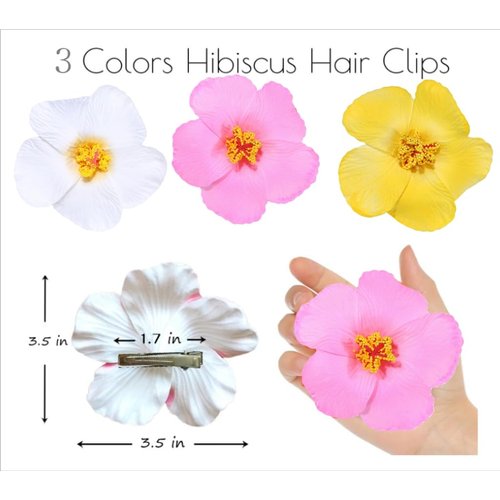 3pcs Hawaiian Flower Hair Clips Hibiscus Hair Clip Plumeria Flower for Women 3.5 Inch Artificial Tropical Flower Clips for Vacation Beach Party (Style 1)