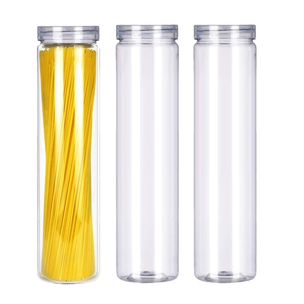 SCWBOEII 3Pcs Clear Plastic Food Storage Jar with Lid, Round Transparent Storage Container for Spaghetti,Pasta and Dry goods (2.1" Diameter x 11.8" Height) (Round)