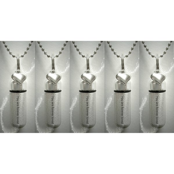 Family Set of 5 - LASER ENGRAVED - "You Are Forever Loved" with Heart - Brushed Silver CREMATION URNS with five Velvet Pouches, five 24" Ball-Chains & Fill Kit
