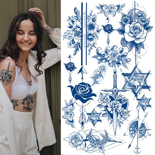 8 Sheet Semi Permanent Tattoos, Waterproof and Long-Lasting 2 Weeks, Plant-Based Ink Realistic Fake Tattoos Stickers for Women Men and Kids (B) Christmas Gift