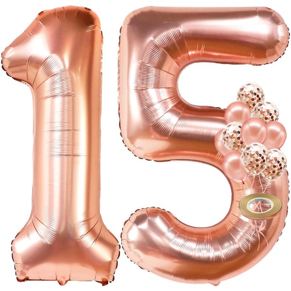 KatchOn, Rose Gold 15 Balloons Number - Big, 40 Inch | 15 Birthday Balloons with Confetti for Happy 15th Birthday Decorations for Girls | Quinceanera Decorations | 15 Birthday Decorations for Girls