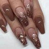 SINHOT Medium Coffin Press on Nails Ballerina Fake Nails Glossy Glue on Nails Brown Gradient Acrylic Nails with Brown Glitter False Nails Designs 24 pcs