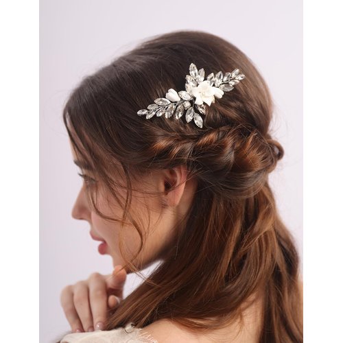 Teyglen Flower Crystal Wedding Hair Comb Silver Rhinestone Hair Piece White Flower Headpiece for Bride Cute Bridal Crystal Hair Side Comb Floral Hair Jewelry for Women