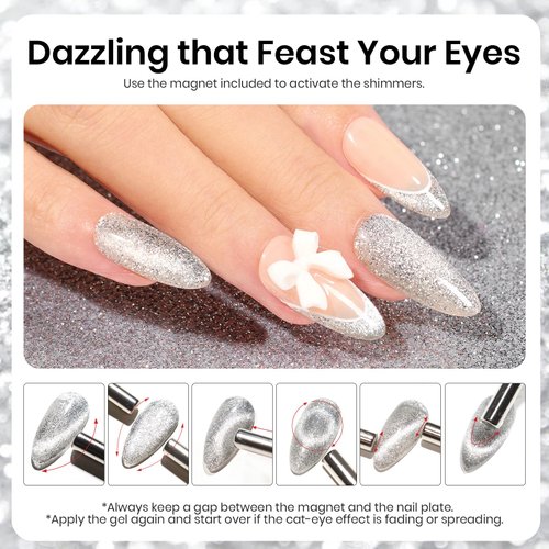 Beetles Cat Eye Gel Nail Polish, 15ML Silver Glitter Gel Nail Polish, Holographic Glitter Silver Cat Eye Gel Nail Polish Magnet, Cat Eye Magnetic Gel Nail Polish Soak Off Uv Lamp Gifts for Women