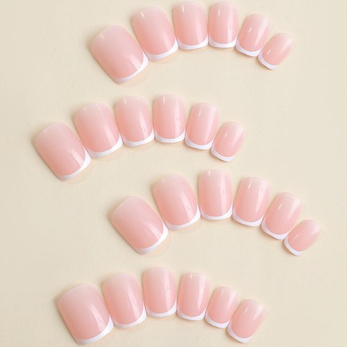 White French Tip Press on Nails Short Square Fake Nails Mirror Acrylic Glue on Nails Reusable Stick on Nails for Women DIY Manicure Design