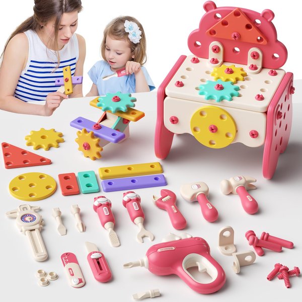 hunloot Kids Tool Set, Christmas Birthday Gift for 3 4 5+ Years, Toddler Tool Set with Electronic Toy Drill and Portable Toolbox, Toddler Construction Toy Tools Kit, Girls Pretend PlayTool Set (Pink)