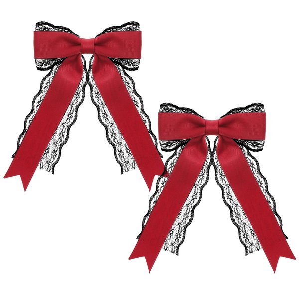 Giantree 2 Pcs Red Lace Hair Bow Clips for Women, Cute Lace Hair Bows Clips with Long Tail Ribbon for Wedding Halloween Gothic Dress Decor Accessories Gift