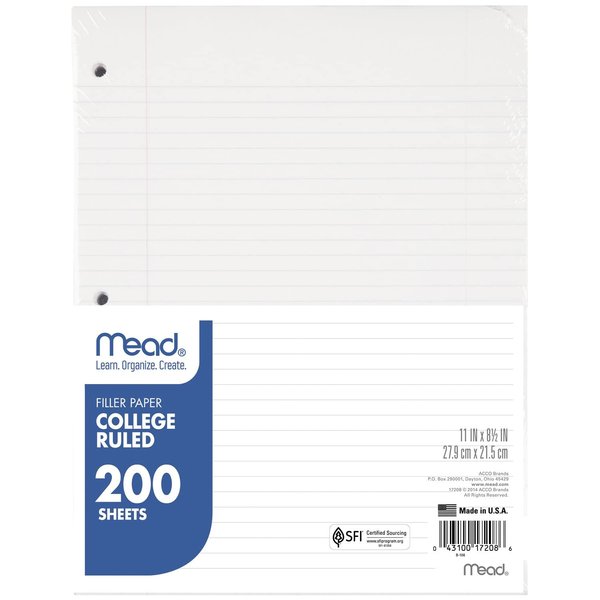 Mead Loose Leaf Paper, Notebook Paper, College Ruled Filler Paper, Standard, 8.5 x 11, 200 Sheets (17208), White