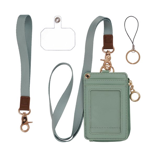 MONDO DESIGNS 2-in-1 ID Badge Holder & Lanyard Wallet - Multi-Use Womens Small Wallet with Removable Wristlet & Neck Lanyard, Clear Window, 5 Card Slots, Phone Holder, Ring Keychain - Green