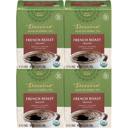 Teeccino French Roast Herbal Tea - Rich & Roasted Herbal Tea That’s Caffeine Free & Prebiotic for Natural Energy, Coffee Alternative, 10 Tea Bags (Pack of 4)