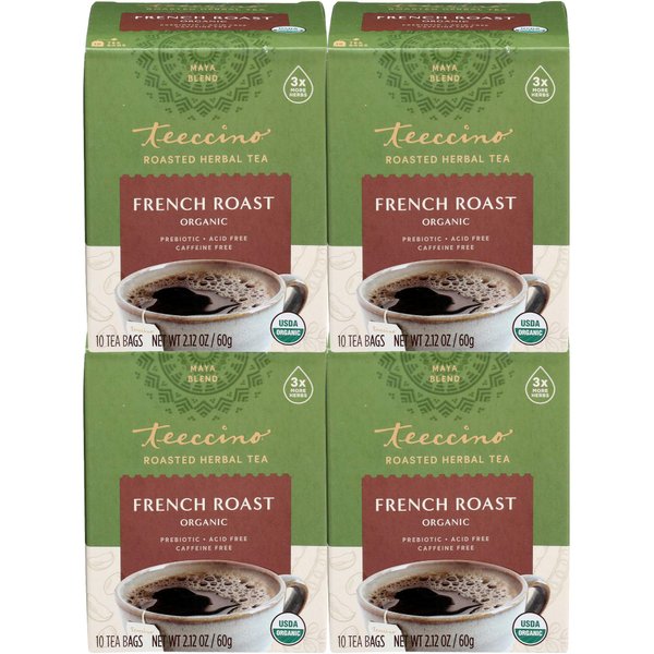 Teeccino French Roast Herbal Tea - Rich & Roasted Herbal Tea That’s Caffeine Free & Prebiotic for Natural Energy, Coffee Alternative, 10 Tea Bags (Pack of 4)