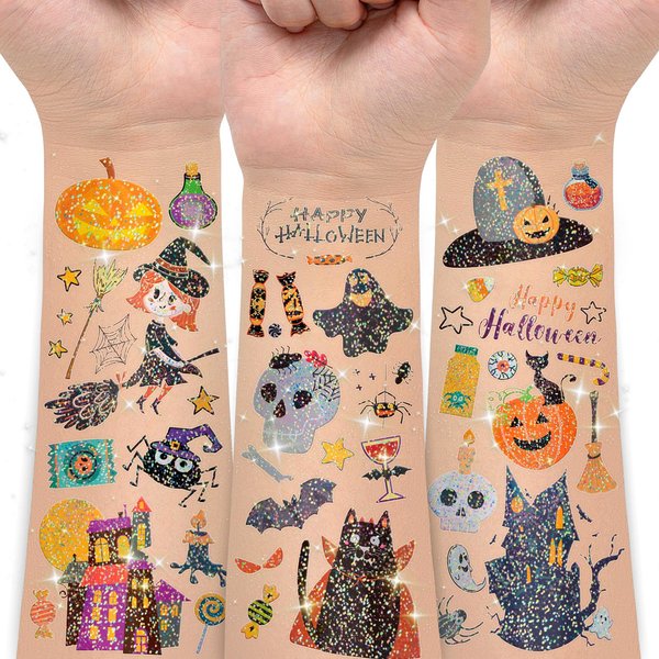EMOME Halloween Temporary Tattoos Sticker, Glitter Kids Tattoos for Halloween Party Games Treats, Bulk Fake Tattoos for Halloween Birthday Party Activities (12 Sheets)