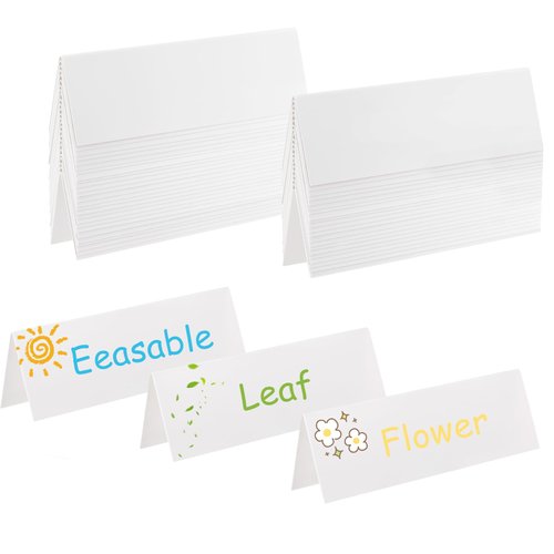 DYNAMI 50 Pack Reusable Name Tent Cards,Acrylic Porcelain Whiteboard Dry Erase Name Tent Table Cards,Classroom Name Tags,Wedding Guest Name Tents, White,8.7" x 2.7" (50 Pack)
