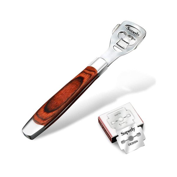 BEINY Stainless Steel Callus Shaver Pedicure Dead Hard Skin Remover Heel Razor Wooden Handle Cutter with Skin Rub & 10 Blades for Foot Care, Removing Solid, Cracked Skin Cells