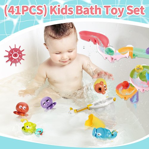 FORINCES Toddler Bath Toys - 41 PCS Kids Bathtub Toy Set with DIY Water Slide Track and Fishing Net Animals Floating Toys Baby Shower Time Game Toys for 1 2 3 4 5 Year Old Christmas Birthday Gifts