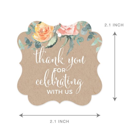 Andaz Press Peach Kraft Brown Rustic Floral Garden Party Baby Shower Collection, Fancy Frame Gift Tags, Thank You for Celebrating with US, 24-Pack