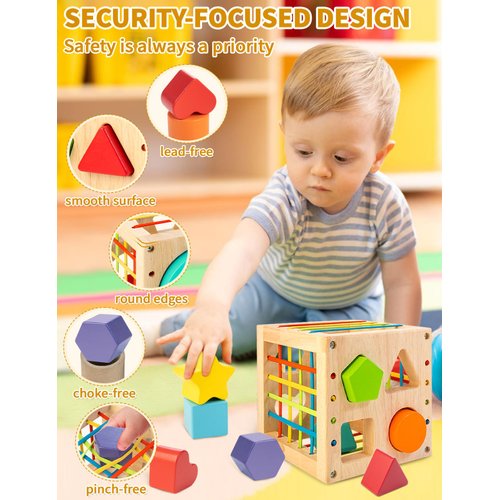 AMAWOOD Montessori Toy for 1 Year Old, Shape Sorter for Toddlers 1-3, Wooden Shape Sorting Cube with 8 Rattling Blocks Baby Toys 12-18 Months, Educational Learning Toy, Best Gift for 1+ Boy Girl